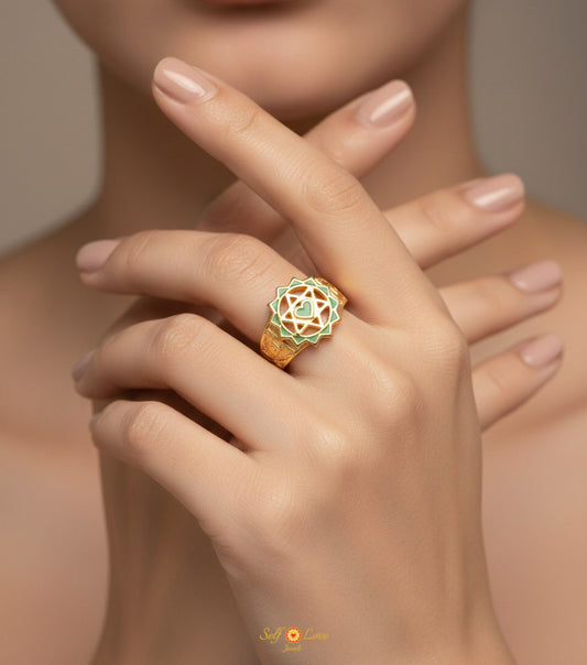 Twin Heart Meditation Ring 18kt Gold Micron (Green Enamelling)