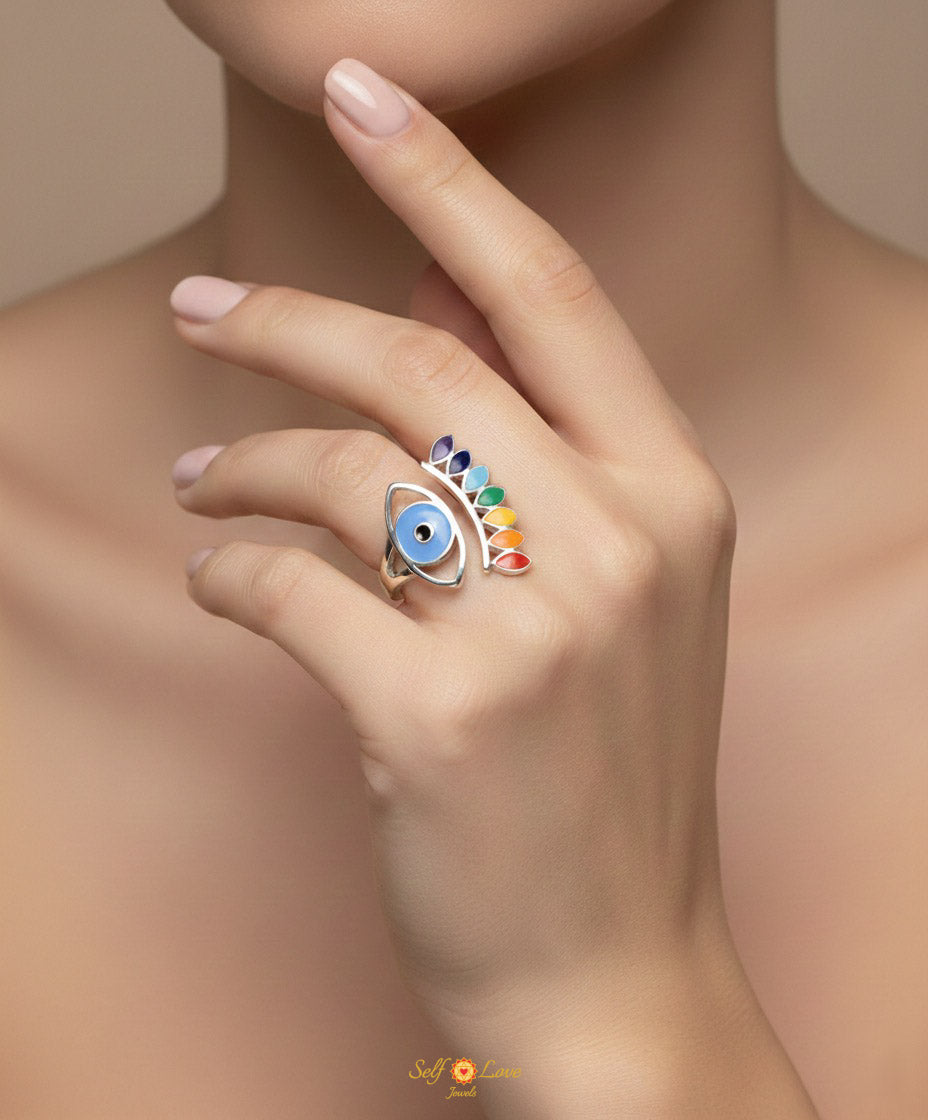 Evil Eye Protection Ring and Seven Chakras (18kt Gold Micron)