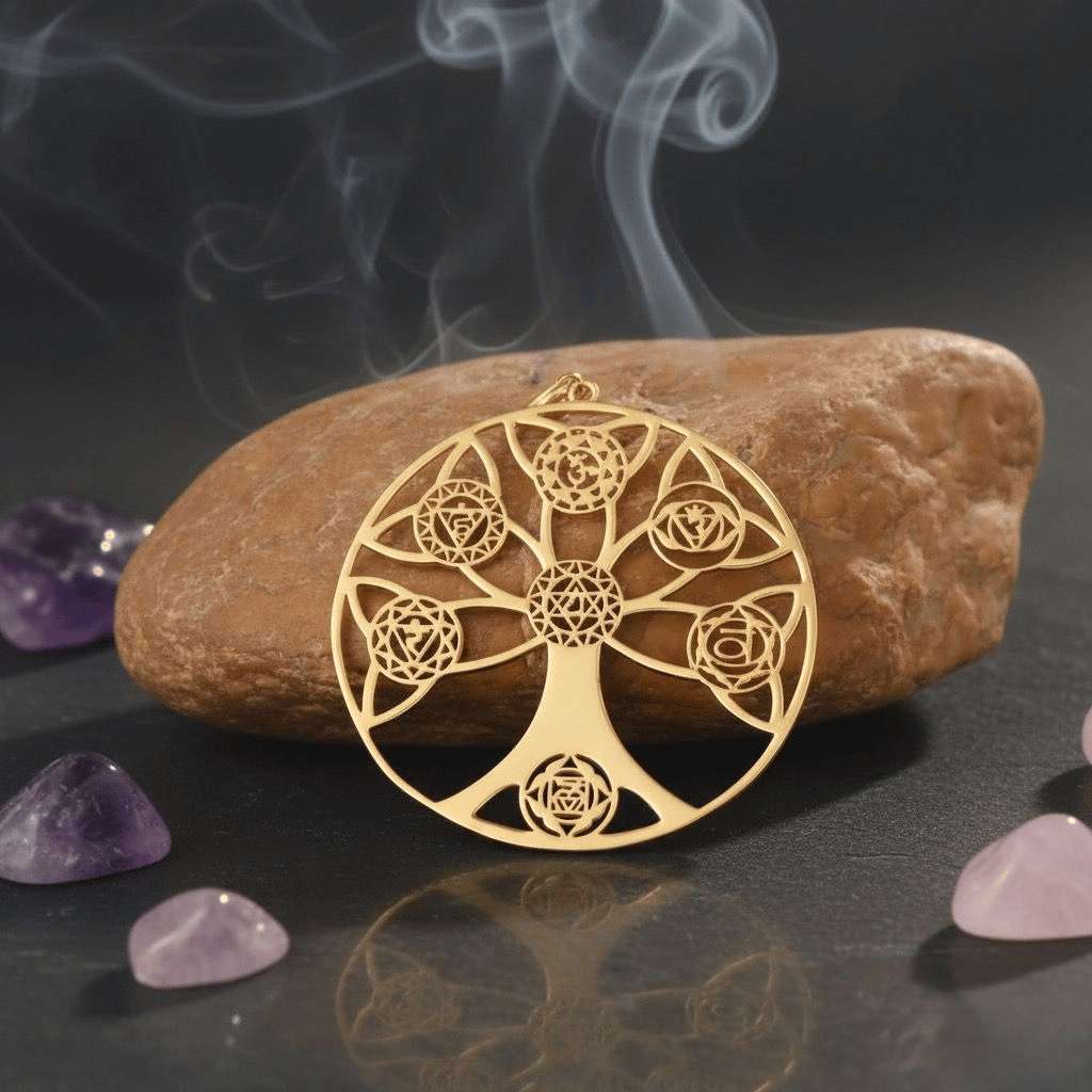 Tree of Life with Seven Chakras Pendant (18kt Gold Micron)