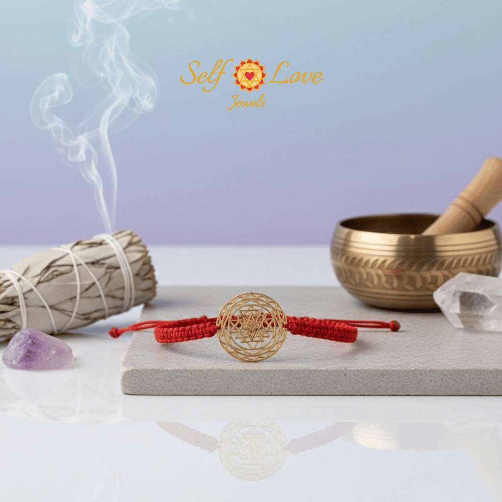 Shree Chakra Bracelet with Red Cord (18kt Gold Micron)