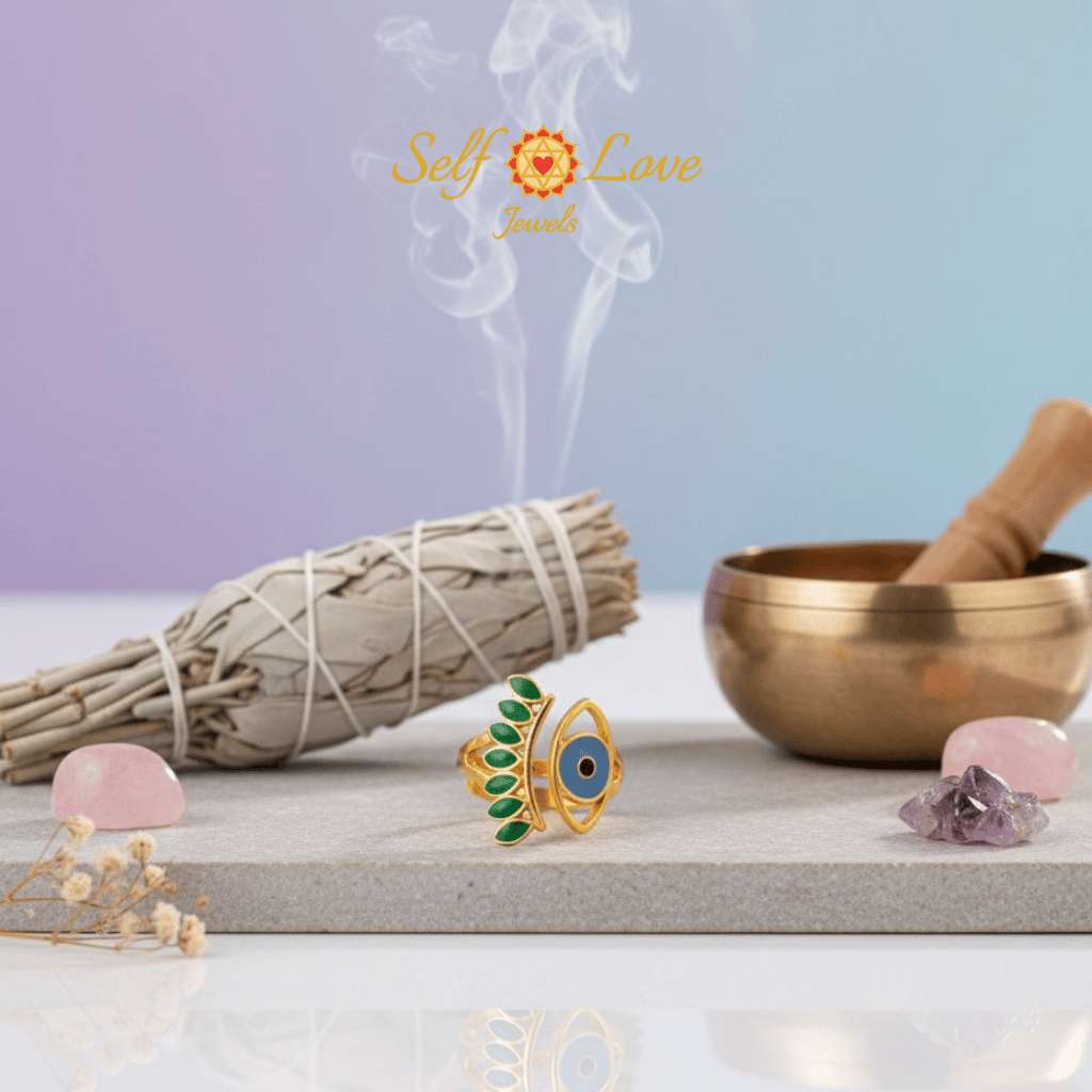 Evil Eye Protection Ring: Green Enamelling (18kt Gold Micron)