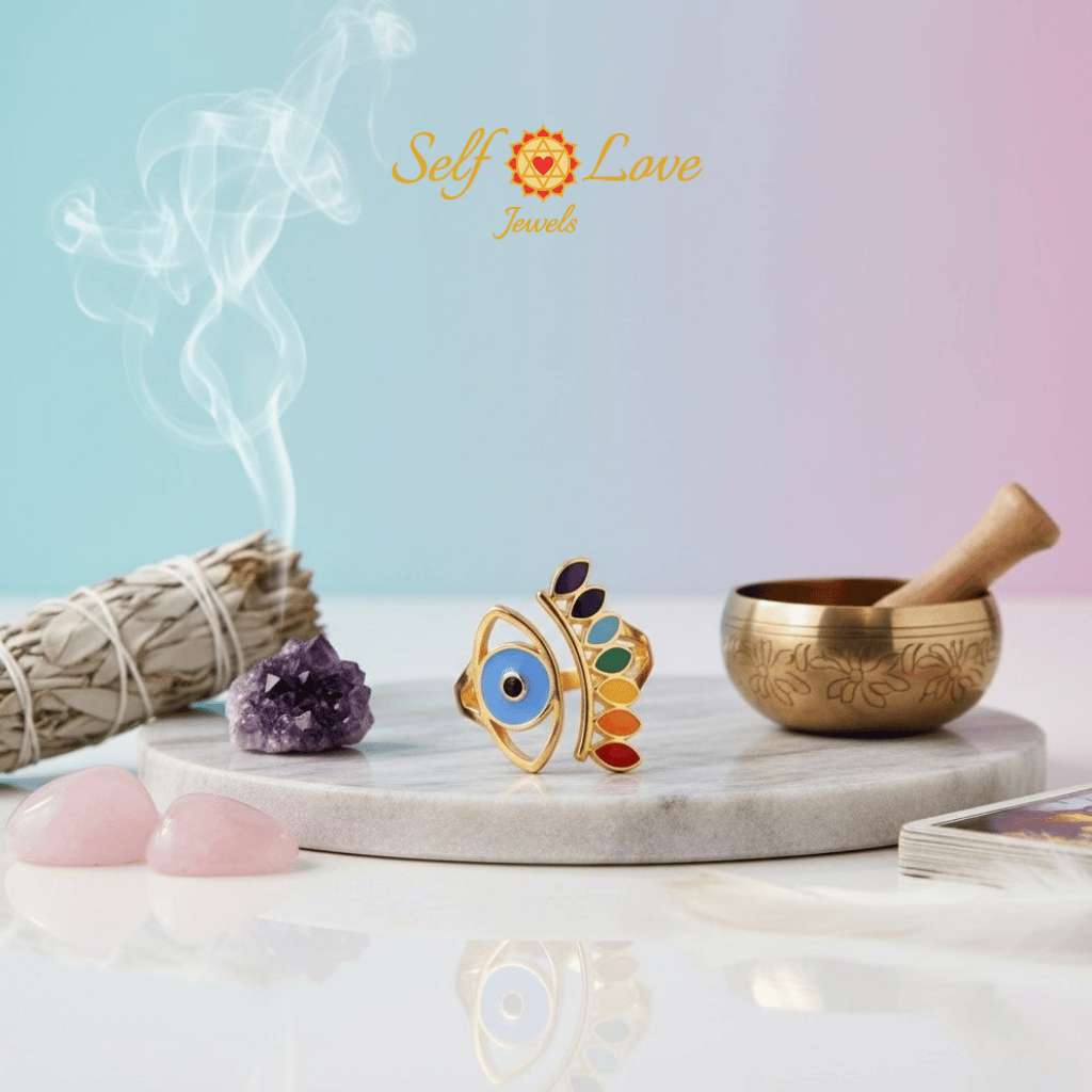 Evil Eye Protection Ring and Seven Chakras (18kt Gold Micron)