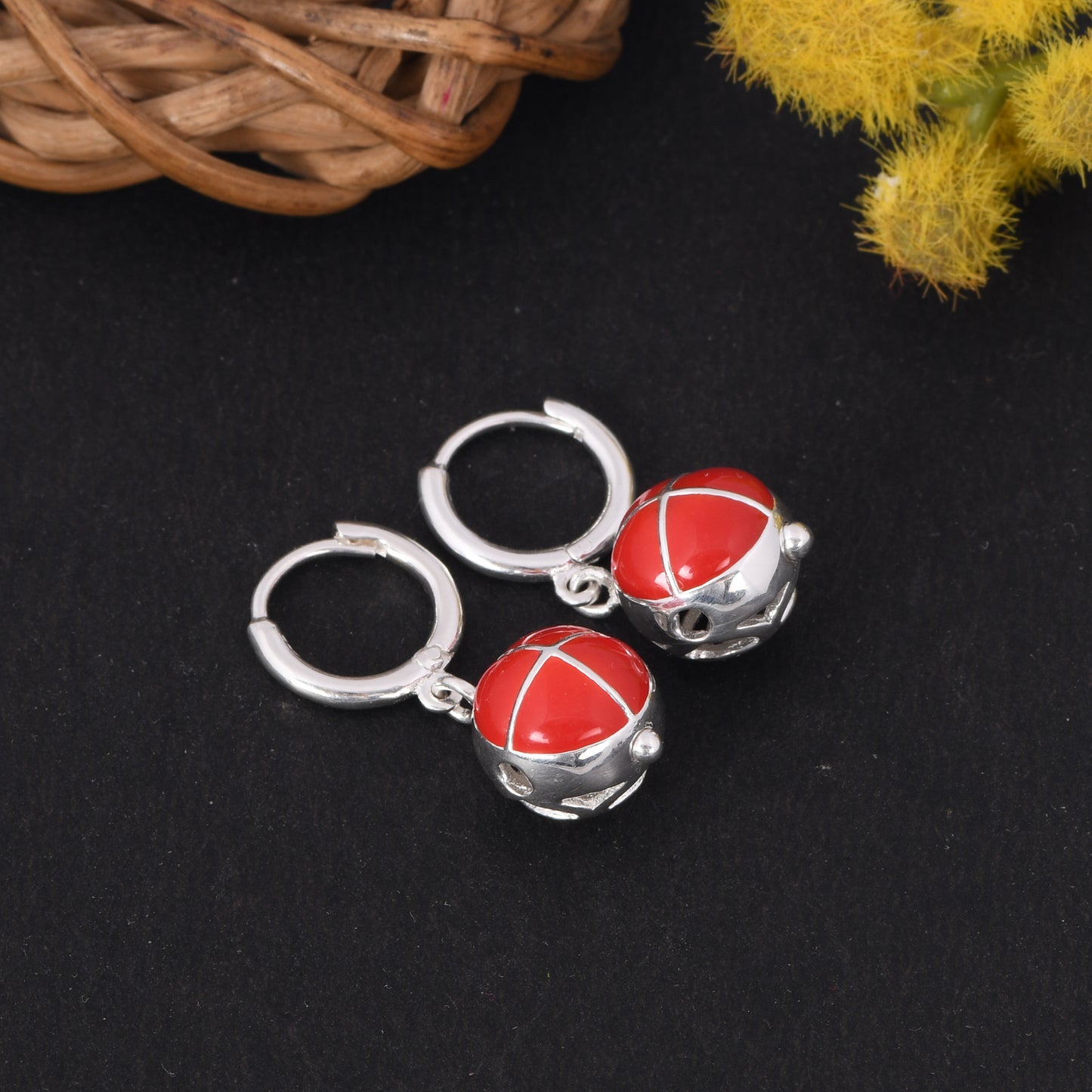 Basic Chakra Silver Earrings with Red Enamelling