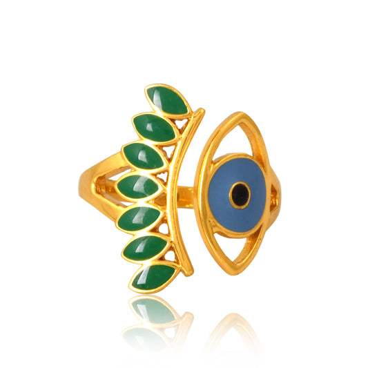 Evil Eye Protection Ring  Brass with Green Enamelling