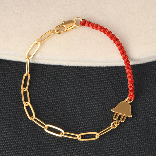 Hamsa Hand Bracelet With Red Cord (18kt Gold Micron)