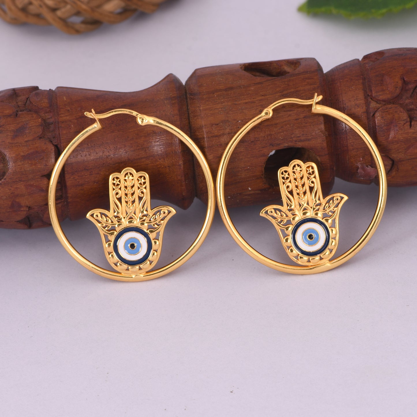 Hamsa Hand Loop Earrings - Brass