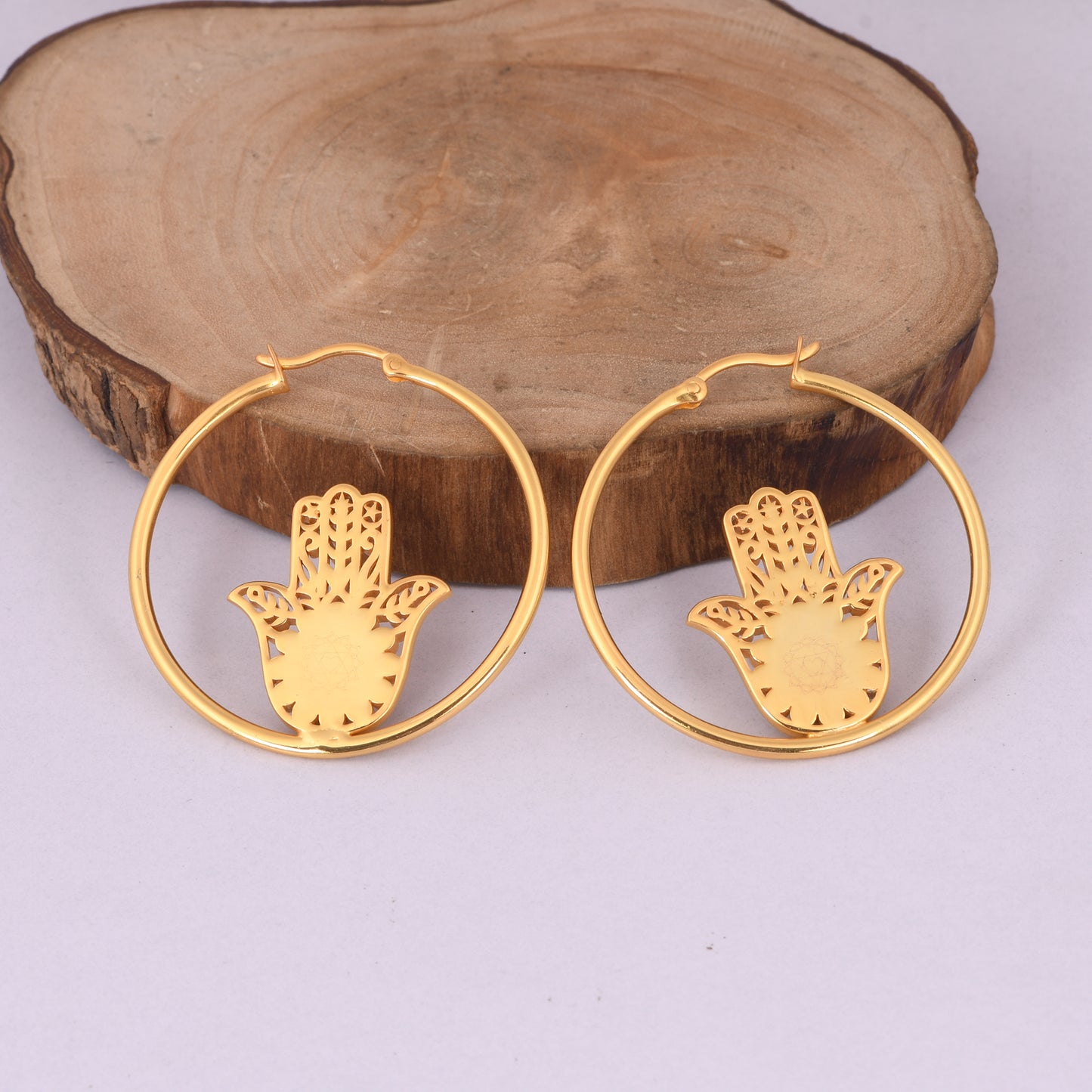 Hamsa Hand Loop Earrings  Brass