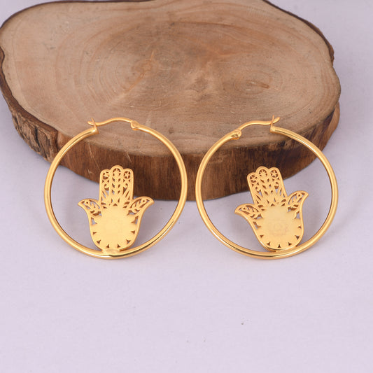 Hamsa Hand Loop Earrings - Brass