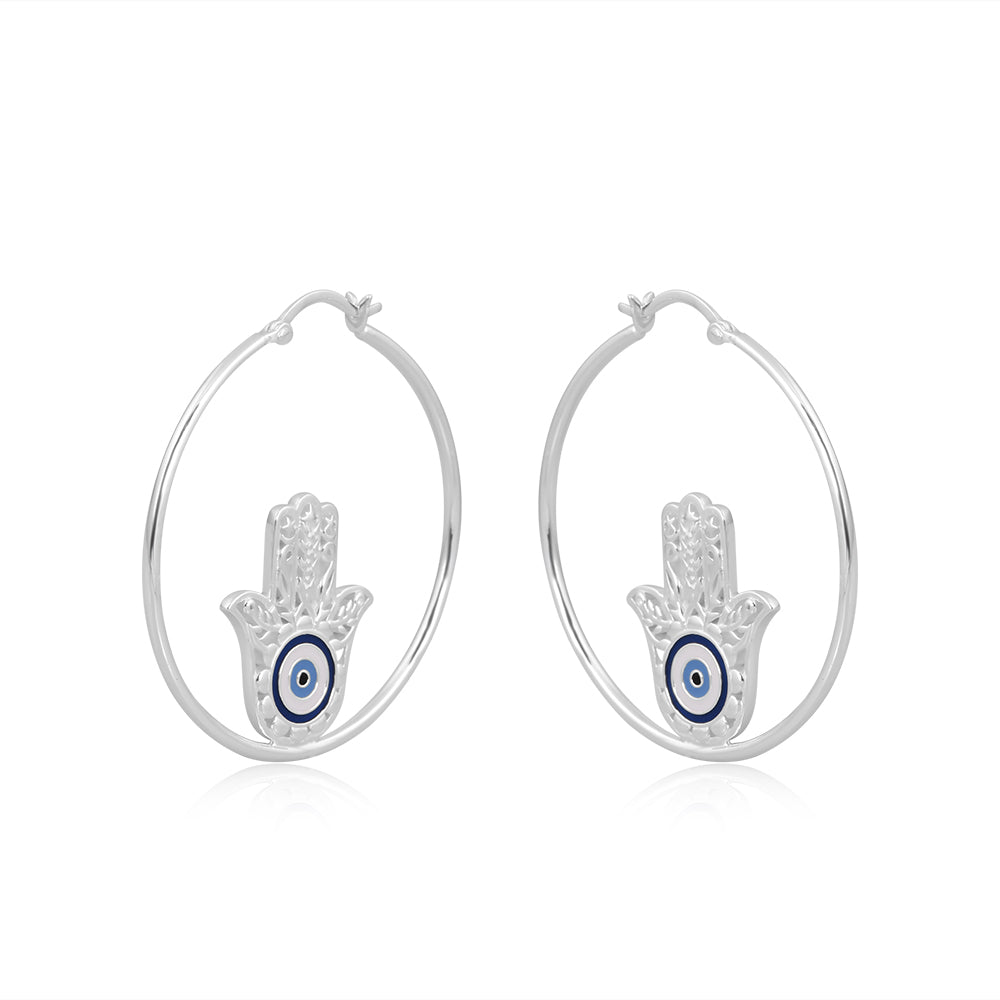 Hamsa Hand Loop Earrings - Silver