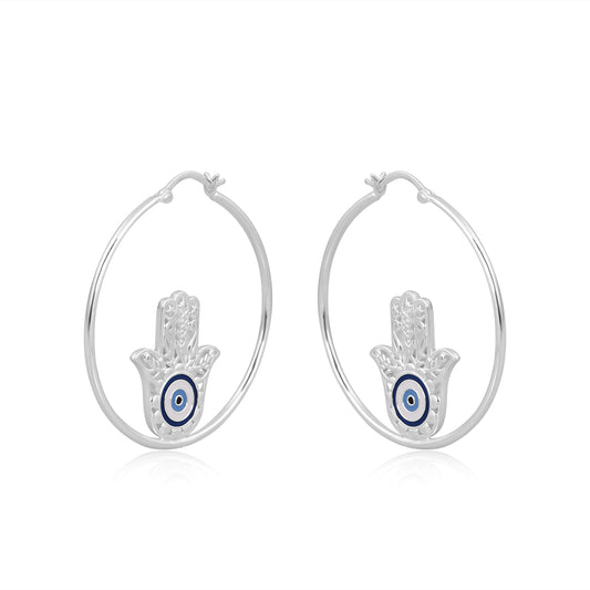 Hamsa Hand Loop Earrings  Silver