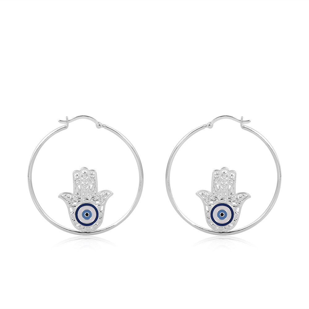 Hamsa Hand Loop Earrings  Silver