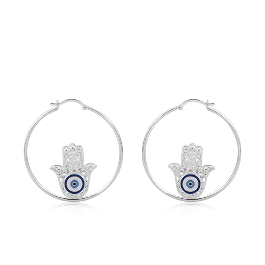 Hamsa Hand Loop Earrings  Silver