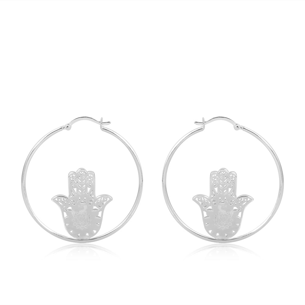 Hamsa Hand Loop Earrings  Silver