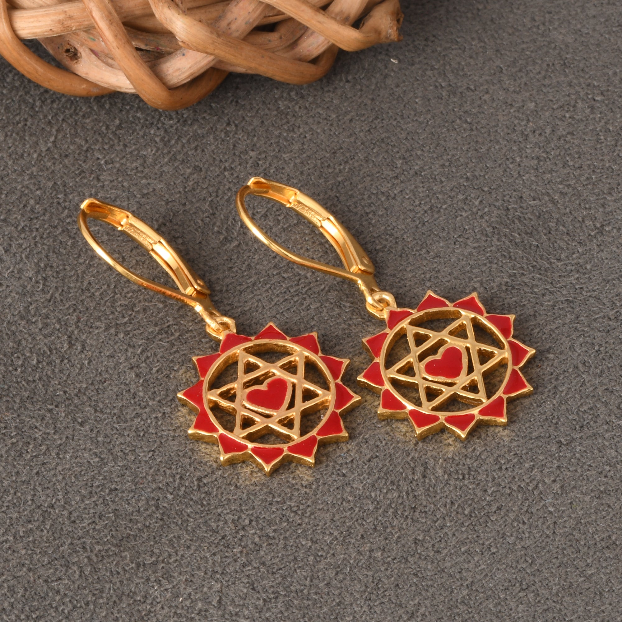 Heart Chakra Earrings with Red Enamelling