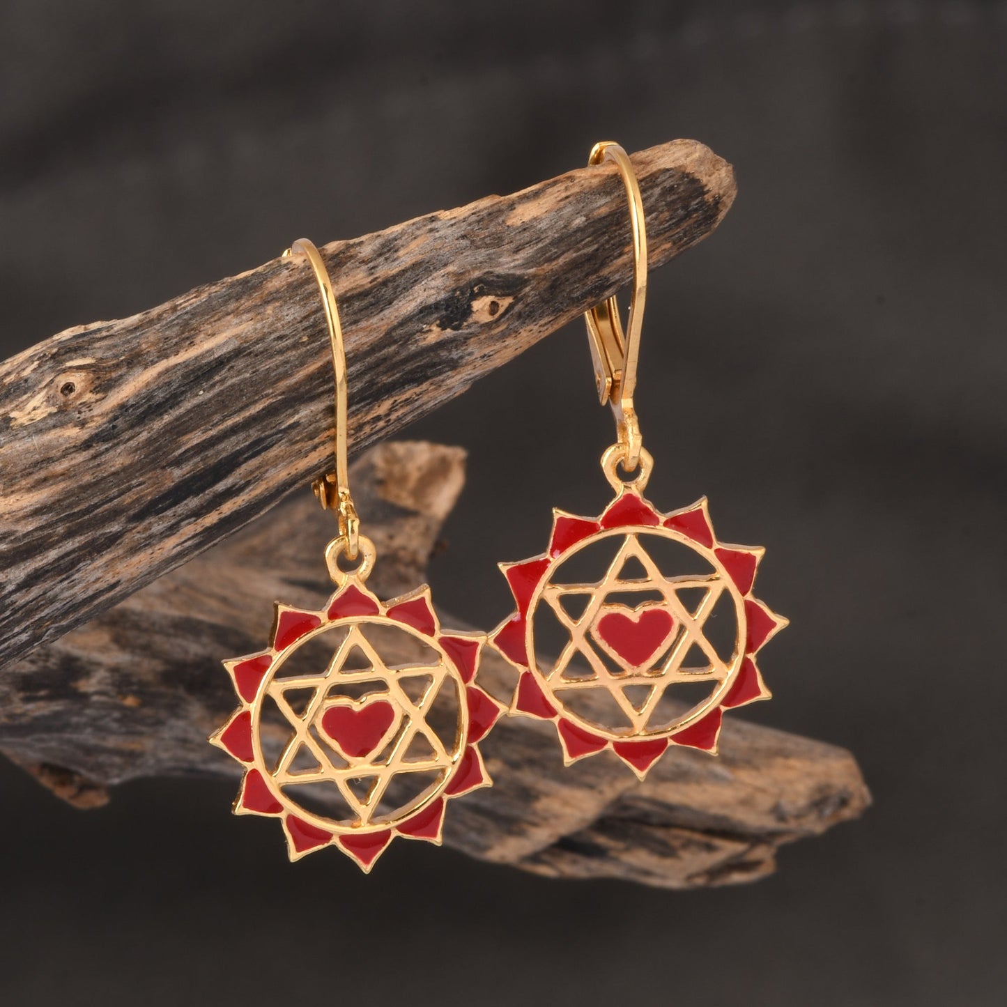 Twin Hearts Chakra Earrings with Red Enamelling