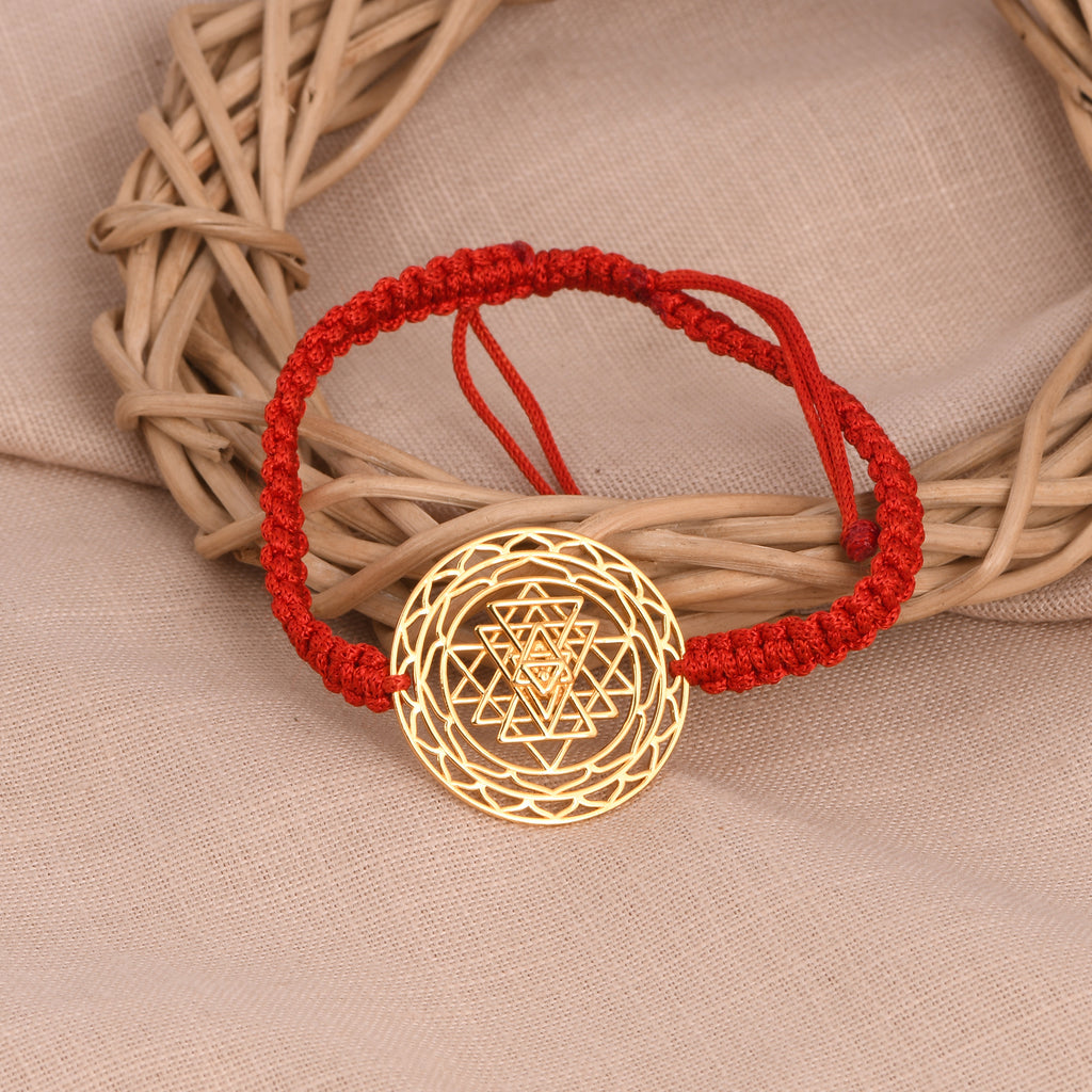 Shree Chakra Bracelet with Red Cord (18kt Gold Micron)