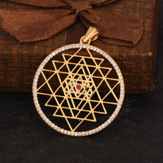 Shree Chakra Diamond + Gold Pendant with Ruby Stone