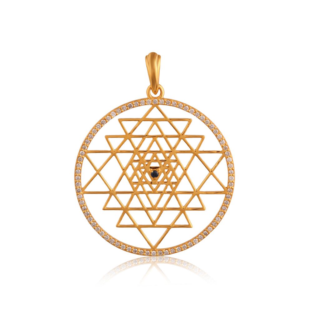 Shree Chakra Diamond + 18kt Gold Pendant with Blue Sapphire