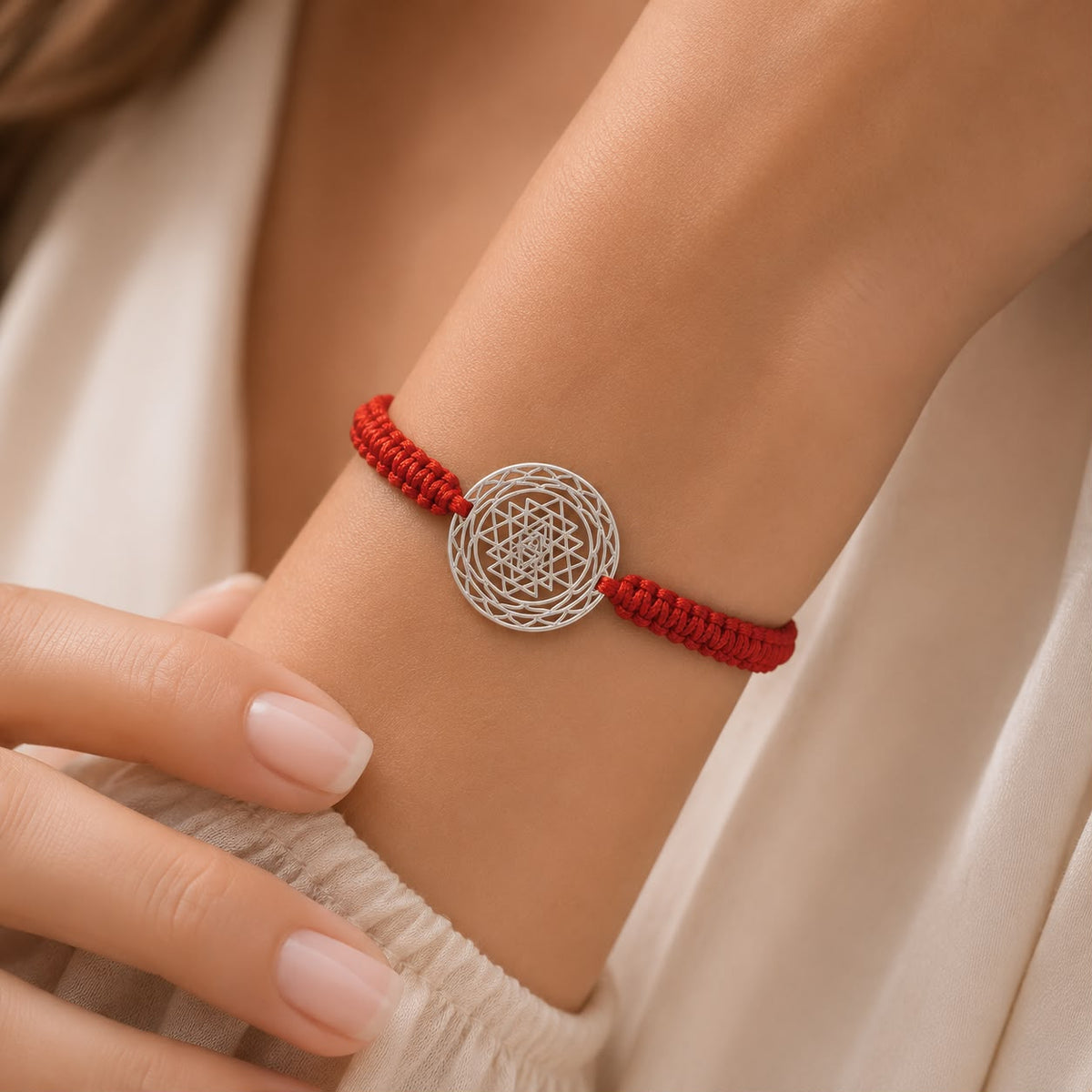 Shree Chakra Bracelet with Red Cord - 92.5 Sterling Silver
