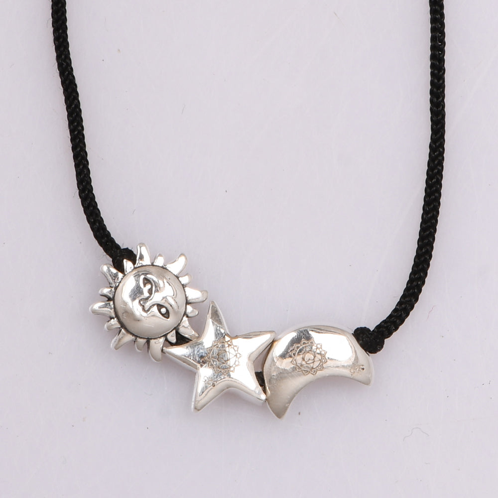 Sun Moon Star Necklace (92.5 Sterling Silver) with Black Thread