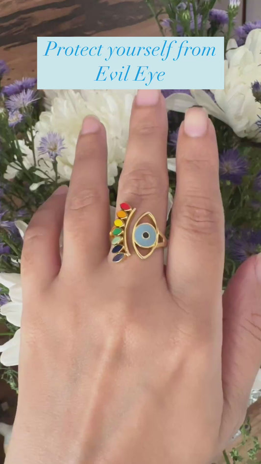 Evil Eye Protection Ring and Seven Chakras (18kt Gold Micron)
